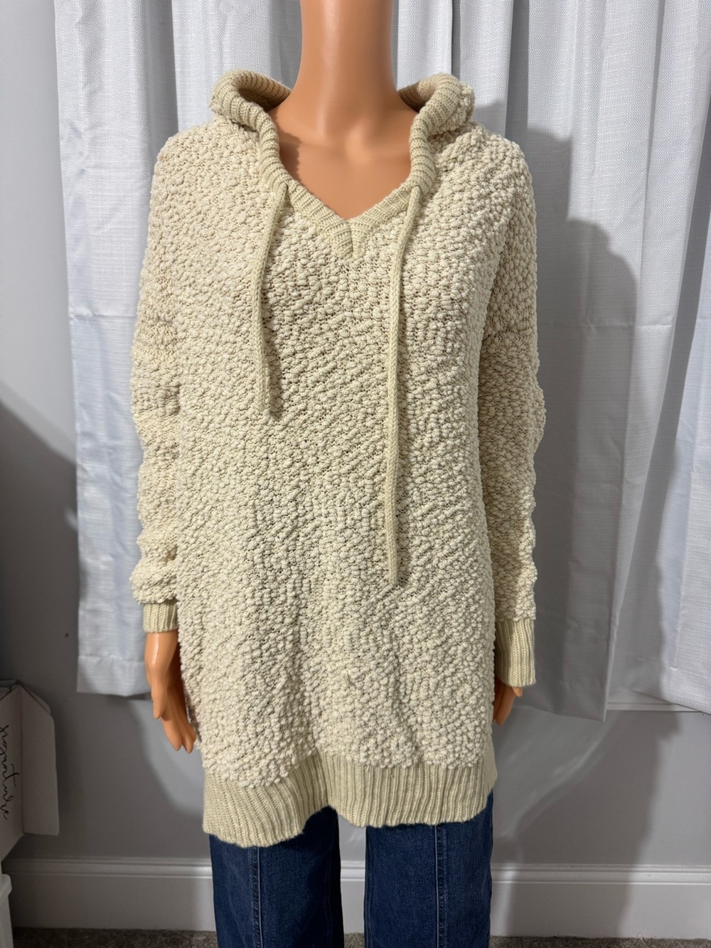 Cool POL size S beige nubby pullover hooded tunic sweater relaxed new